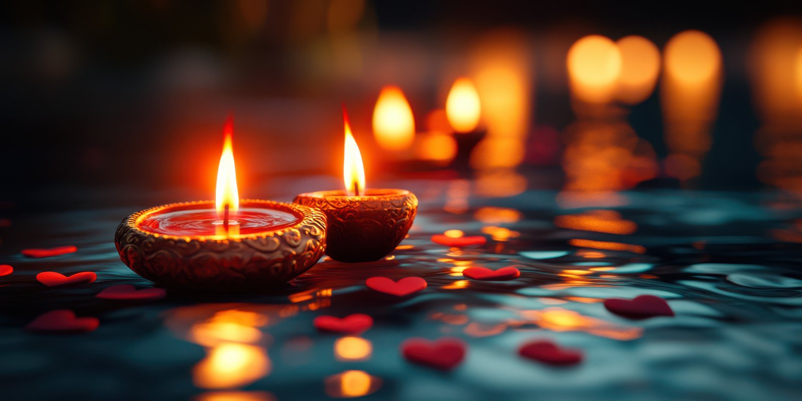 Floating candles illuminate a tranquil water surface adorned with heart-shaped decorations during a romantic evening